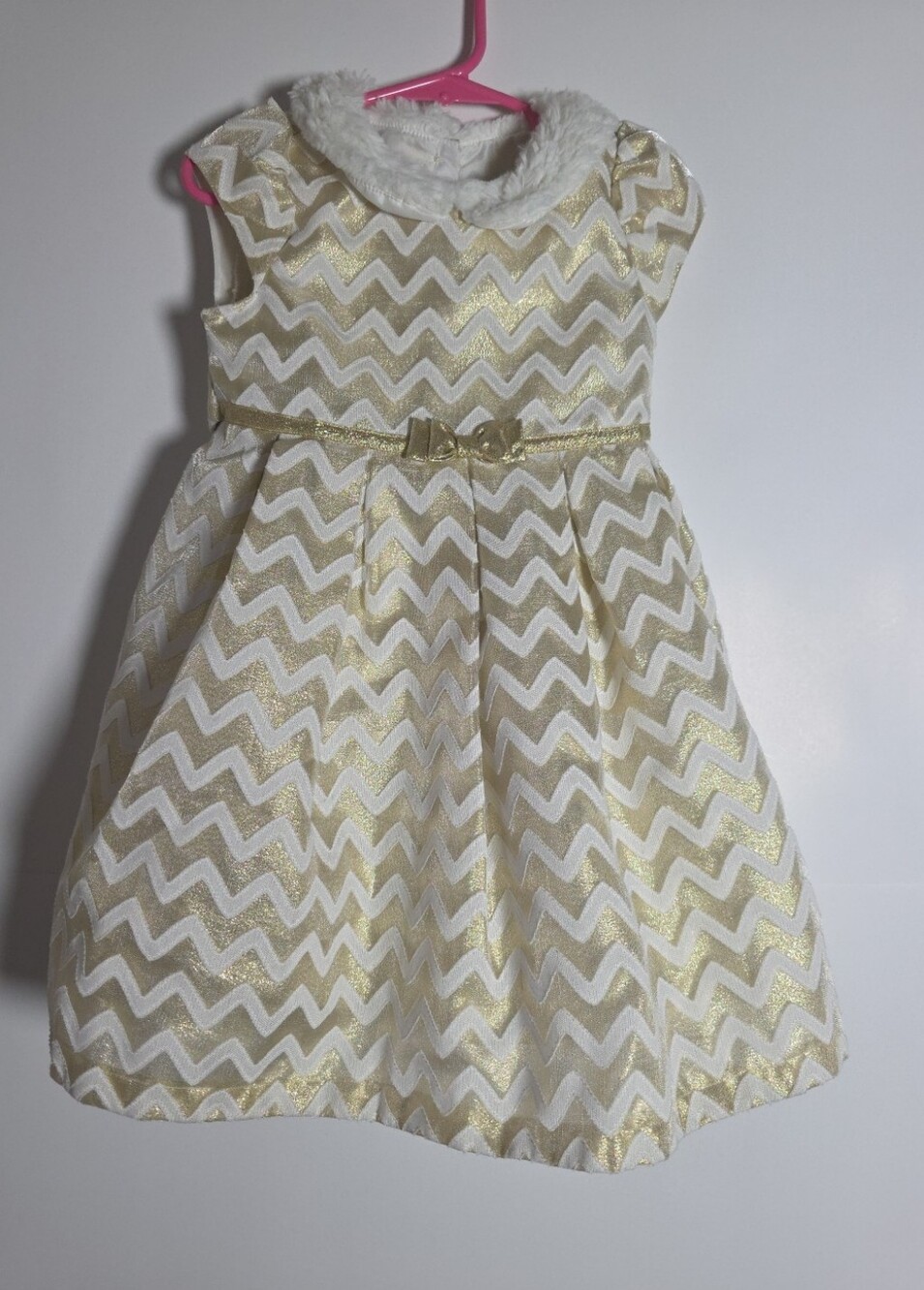 Girls Chevron Holiday Dress White Gold Fur Trim Collar Special Occasion Holidays